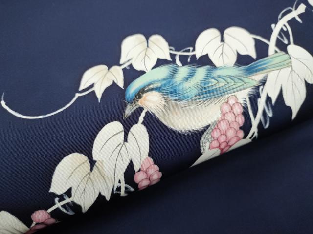 平和屋着物●塩瀬　九寸名古屋帯　手描き　休み鳥葡萄蔦の葉文　正絹　逸品　CABD0782hy