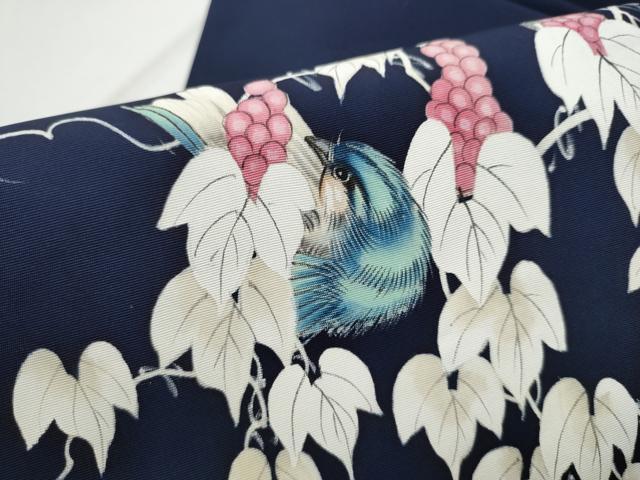 平和屋着物●塩瀬　九寸名古屋帯　手描き　休み鳥葡萄蔦の葉文　正絹　逸品　CABD0782hy