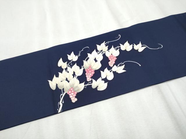 平和屋着物●塩瀬　九寸名古屋帯　手描き　休み鳥葡萄蔦の葉文　正絹　逸品　CABD0782hy