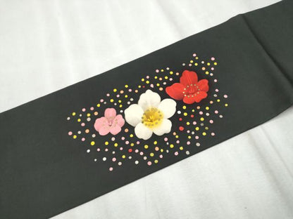 平和屋着物●塩瀬　九寸名古屋帯　舞花文　黒地　金彩　正絹　逸品　CABD0783hy