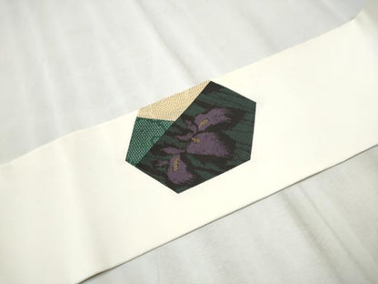 平和屋着物●塩瀬　九寸名古屋帯　切嵌　亀甲文　正絹　逸品　CABD0791hy