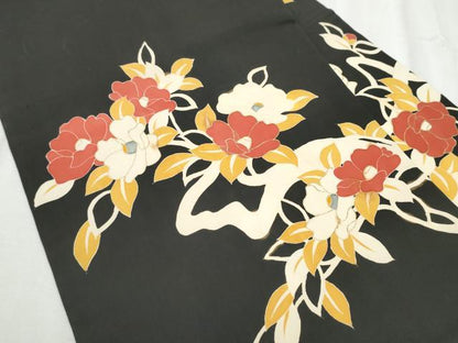 平和屋着物●塩瀬　九寸名古屋帯　枝椿　黒地　金彩　正絹　逸品　CABD0795hy