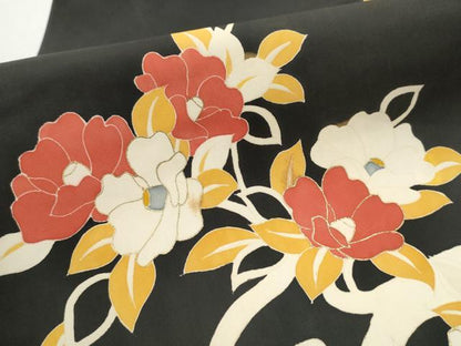 平和屋着物●塩瀬　九寸名古屋帯　枝椿　黒地　金彩　正絹　逸品　CABD0795hy