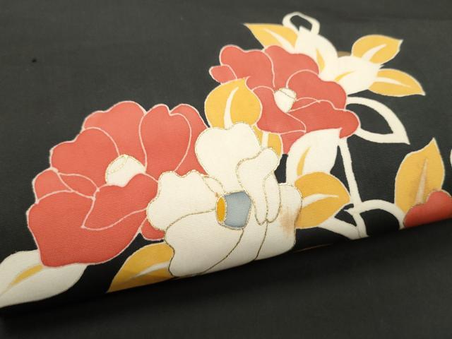 平和屋着物●塩瀬　九寸名古屋帯　枝椿　黒地　金彩　正絹　逸品　CABD0795hy