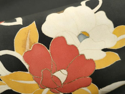 平和屋着物●塩瀬　九寸名古屋帯　枝椿　黒地　金彩　正絹　逸品　CABD0795hy