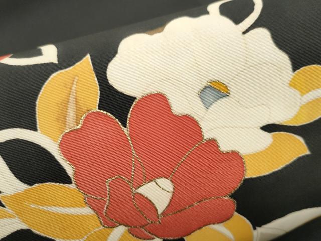 平和屋着物●塩瀬　九寸名古屋帯　枝椿　黒地　金彩　正絹　逸品　CABD0795hy