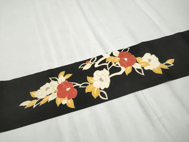平和屋着物●塩瀬　九寸名古屋帯　枝椿　黒地　金彩　正絹　逸品　CABD0795hy