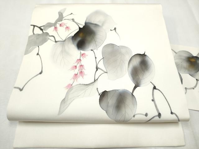 平和屋着物●塩瀬　九寸名古屋帯　作家物　手描き　蔦の花文　金彩　正絹　逸品　CABD0797hy