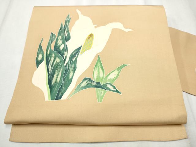 平和屋着物●塩瀬　九寸名古屋帯　草花文　正絹　逸品　CABD0798hy