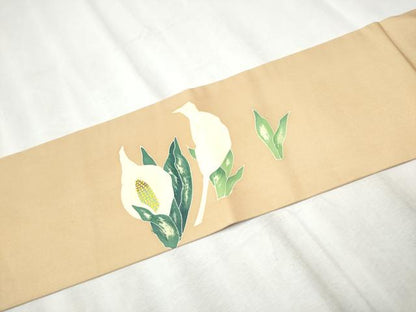 平和屋着物●塩瀬　九寸名古屋帯　草花文　正絹　逸品　CABD0798hy