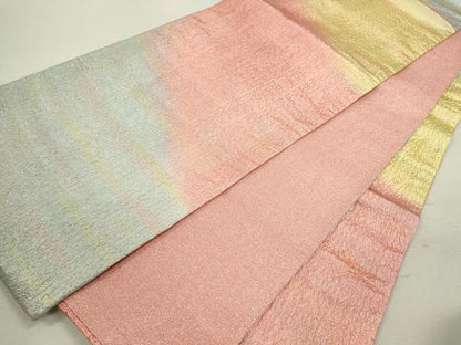 平和屋着物◎全通柄袋帯　ふくれ織　霞文　銀糸　正絹　逸品　CABD0812ze