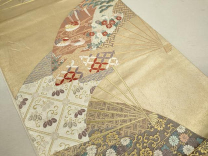 平和屋着物◎六通柄袋帯　唐織　扇面鴛鴦吉祥花文　金銀糸　正絹　逸品　CABD0829ze