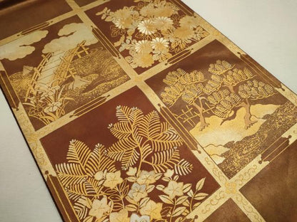 平和屋着物◎太鼓柄袋帯　天井渡橋草花文　金彩　正絹　逸品　CABD0831ze