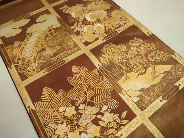 平和屋着物◎太鼓柄袋帯　天井渡橋草花文　金彩　正絹　逸品　CABD0831ze