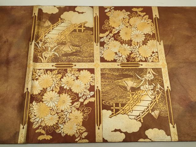 平和屋着物◎太鼓柄袋帯　天井渡橋草花文　金彩　正絹　逸品　CABD0831ze