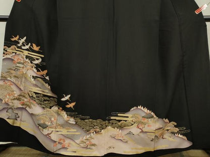 平和屋着物■豪華黒留袖　駒刺繍　飛鶴風景文　金彩　正絹　逸品　CABD0936ze