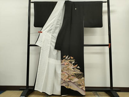 平和屋着物■豪華黒留袖　駒刺繍　飛鶴風景文　金彩　正絹　逸品　CABD0936ze