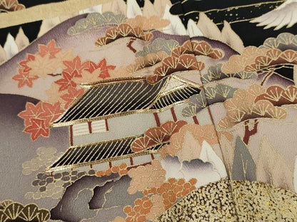 平和屋着物■豪華黒留袖　駒刺繍　飛鶴風景文　金彩　正絹　逸品　CABD0936ze