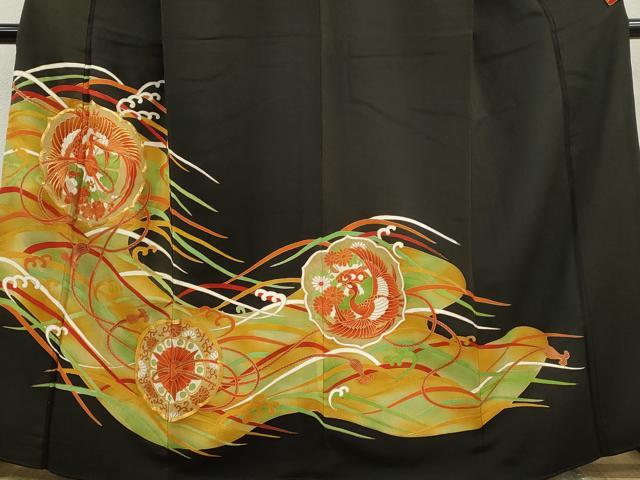 平和屋着物■豪華黒留袖　駒刺繍　鏡浦鳳凰花文　金彩　正絹　逸品　CABD0944ze