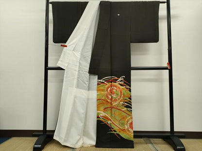平和屋着物■豪華黒留袖　駒刺繍　鏡浦鳳凰花文　金彩　正絹　逸品　CABD0944ze