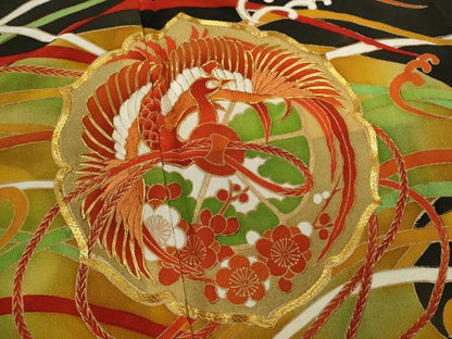 平和屋着物■豪華黒留袖　駒刺繍　鏡浦鳳凰花文　金彩　正絹　逸品　CABD0944ze