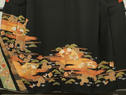 平和屋着物■豪華黒留袖　駒刺繍　扇面宝尽くし花文　金彩　正絹　逸品　CABD1020ze