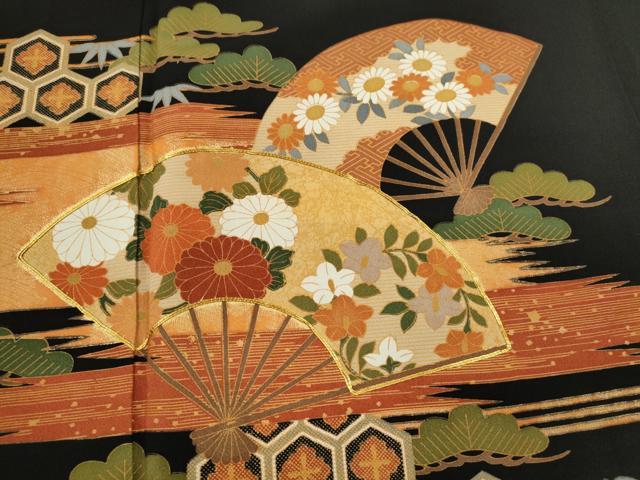 平和屋着物■豪華黒留袖　駒刺繍　扇面宝尽くし花文　金彩　正絹　逸品　CABD1020ze