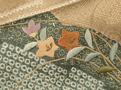 平和屋着物■訪問着 絞り 刺繍 草花文 金彩 正絹 逸品 CABD1031ze