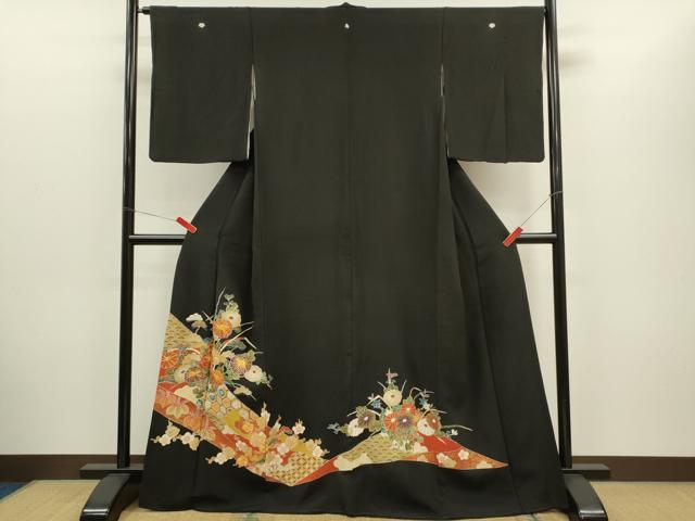 平和屋着物■豪華黒留袖　駒刺繍　草花吉祥文　金彩　正絹　逸品　CABD1034ze