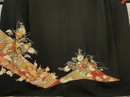 平和屋着物■豪華黒留袖　駒刺繍　草花吉祥文　金彩　正絹　逸品　CABD1034ze