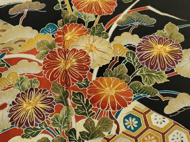 平和屋着物■豪華黒留袖　駒刺繍　草花吉祥文　金彩　正絹　逸品　CABD1034ze