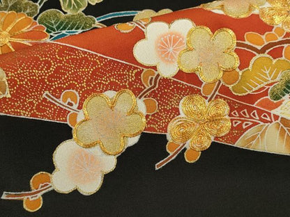 平和屋着物■豪華黒留袖　駒刺繍　草花吉祥文　金彩　正絹　逸品　CABD1034ze