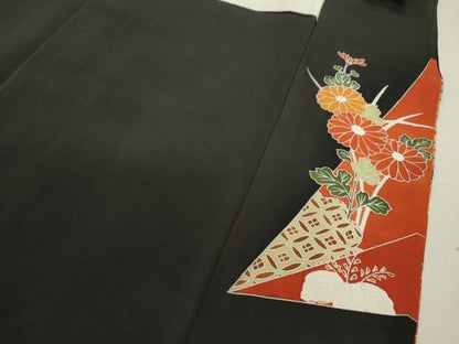 平和屋着物■豪華黒留袖　駒刺繍　草花吉祥文　金彩　正絹　逸品　CABD1034ze