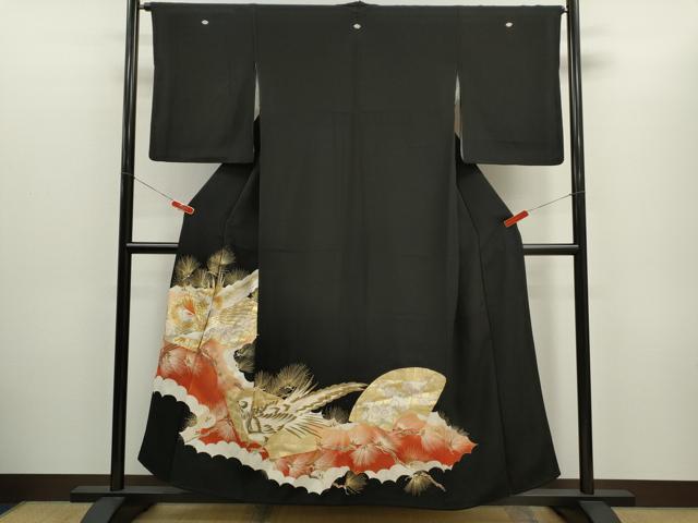 平和屋着物■豪華黒留袖　刺繍　尾長鳥地紙松梅文　金銀彩　正絹　逸品　CABD1042ze