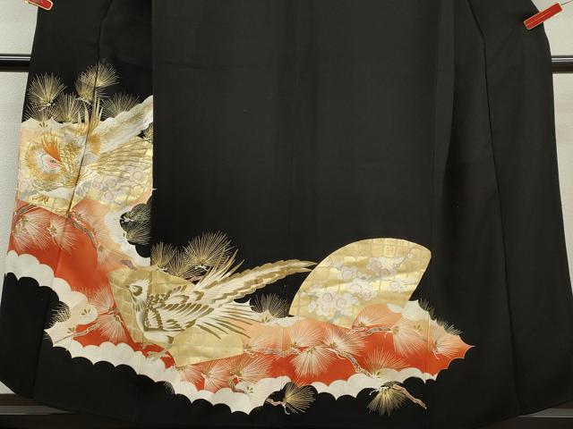 平和屋着物■豪華黒留袖　刺繍　尾長鳥地紙松梅文　金銀彩　正絹　逸品　CABD1042ze