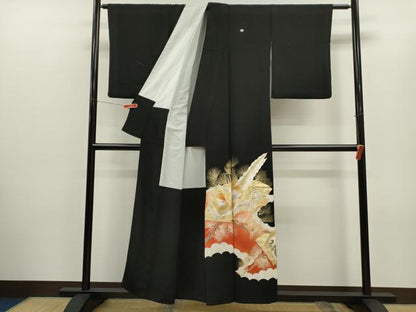 平和屋着物■豪華黒留袖　刺繍　尾長鳥地紙松梅文　金銀彩　正絹　逸品　CABD1042ze