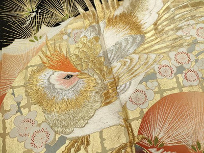 平和屋着物■豪華黒留袖　刺繍　尾長鳥地紙松梅文　金銀彩　正絹　逸品　CABD1042ze