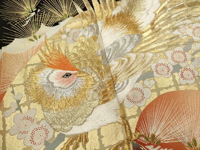 平和屋着物■豪華黒留袖　刺繍　尾長鳥地紙松梅文　金銀彩　正絹　逸品　CABD1042ze