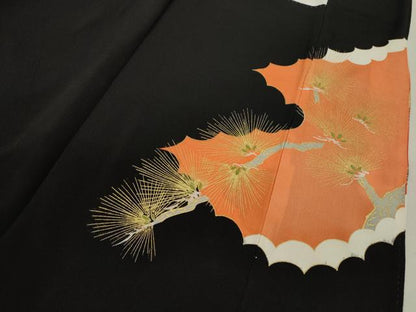 平和屋着物■豪華黒留袖　刺繍　尾長鳥地紙松梅文　金銀彩　正絹　逸品　CABD1042ze