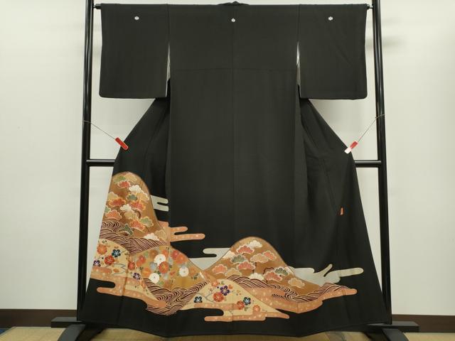 平和屋着物■豪華黒留袖 駒刺繍 遠山流水草花文 金彩 正絹 逸品 CABD1130ze