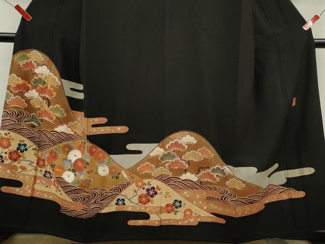 平和屋着物■豪華黒留袖 駒刺繍 遠山流水草花文 金彩 正絹 逸品 CABD1130ze