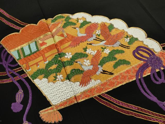 平和屋着物■豪華黒留袖 総刺繍 駒刺繍 檜扇飛鶴風景文 金糸 正絹 逸品 CABD1152ze