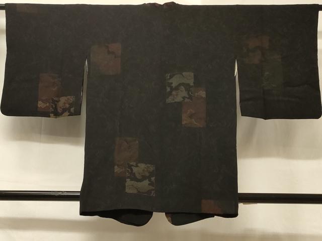 平和屋着物＃道行コート 色紙風景文 黒地 正絹 逸品 CABD1232in