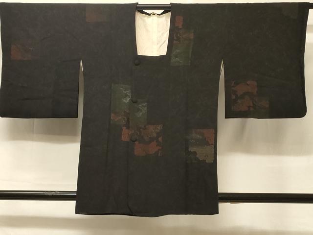 平和屋着物＃道行コート 色紙風景文 黒地 正絹 逸品 CABD1232in