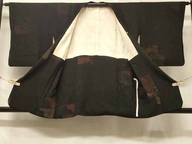平和屋着物＃道行コート 色紙風景文 黒地 正絹 逸品 CABD1232in
