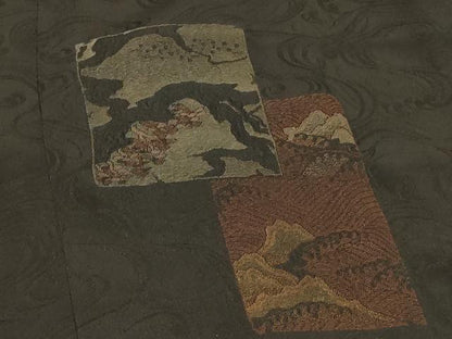 平和屋着物＃道行コート 色紙風景文 黒地 正絹 逸品 CABD1232in