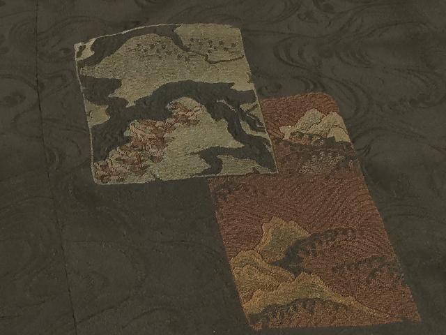 平和屋着物＃道行コート 色紙風景文 黒地 正絹 逸品 CABD1232in