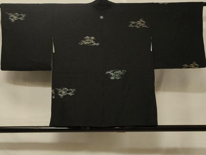 平和屋着物＃羽織 寿光織 枝松文 黒地 金銀糸 正絹 逸品 CABD1321in