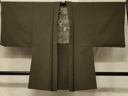 平和屋着物＃男性　長羽織　紬地　藍媚茶色　正絹　逸品　CABD1341in