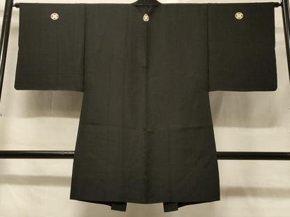 平和屋着物＃男性　長羽織　黒紋付き　単衣　正絹　逸品　CABD1350in